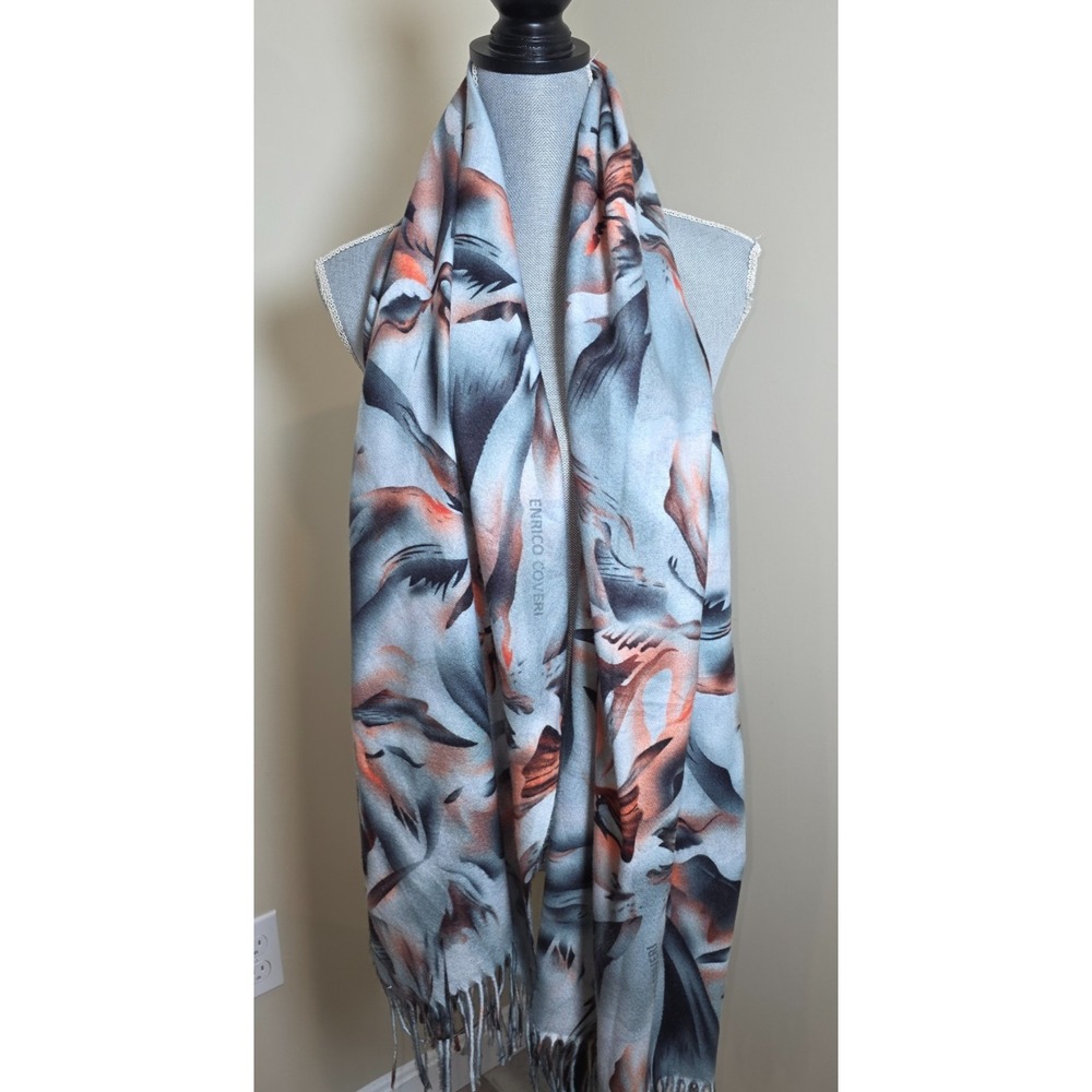 Enrico Coveri Vintage Abstract Scarf Gray Rust Fringe Italian Designer‎ 90s